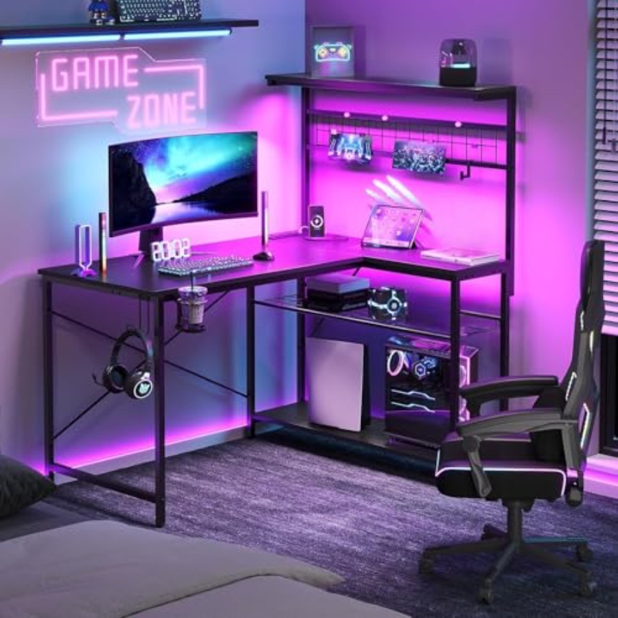Игровой стол 42 L с розетками  – обзор и цена Desk Setup L Shaped